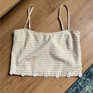 Afends Beige Gingham Crop Top flower accents